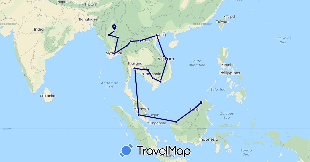 TravelMap itinerary: driving in Brunei, Cambodia, Laos, Myanmar (Burma), Malaysia, Thailand, Vietnam (Asia)
